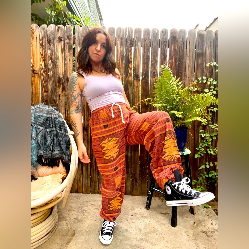 Funky Hippie 100% Cotton Drawstring pants cinched ankles. Festival pants